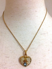 Vintage LANVIN golden skinny chain necklace with heart logo charm pendant top with clear crystals and blue crystal. 080323re1