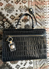 Vintage Gianni Versace black croc embossed leather Kelly style bag with Medallion Sunburst motifs. Gorgeous masterpiece. 050816f1