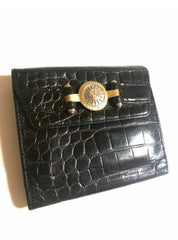Vintage Gianni Versace black croc embossed leather wallet. Golden and silver Sunburst charm at front. Masterpiece for unisex use. 050407r8