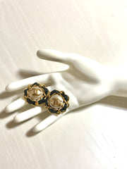 Vintage CHANEL earrings with golden CC, faux pearl, black leather and chain frame. Perfect Chanel jewelry. 050406r6