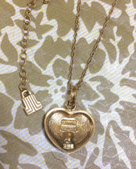 Vintage LANVIN golden skinny chain necklace with heart logo charm pendant top with clear crystals and blue crystal. 080323re1