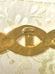 Vintage FENDI gold tone twisted design brooch pin, hat pin with FF mark. Can be used as a brooch pin, jacket brooch pin too. 0506303