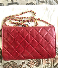 Vintage CHANEL red lamb leather shoulder bag with golden CC button motifs at flap. Rare purse. 070610re1