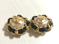 Vintage CHANEL earrings with golden CC, faux pearl, black leather and chain frame. Perfect Chanel jewelry. 050406r6