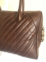 Vintage CHANEL brown caviarskin v stitch, chevron style bag, Speedy bag with golden CC charm. Classic purse for daily use.  060516re1