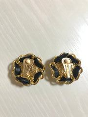 Vintage CHANEL earrings with golden CC, faux pearl, black leather and chain frame. Perfect Chanel jewelry. 050406r6