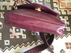 Vintage CHANEL wine fanny pack, leather belt bag with detachable chain belt and CC stitch mark on flap.  Fits 29.5" -32.6" 070502re2