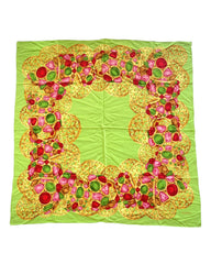 Vintage Chanel lime green scarf with gold, red, pink, green, colorful gripoix jewelry print. Large silk scarf. Gorgeous wrapping.050131ya1