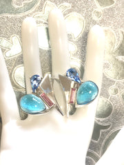 Vintage Christian Lacroix silver and blue earrings. Blue and pink crystal stones. Rare statement jewelry. Great gift.  0506302