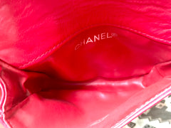 Vintage CHANEL red leather belt bag, fanny pack with detachable chain belt and CC stitch mark on flap.  Fits 29.5" through 32.8"