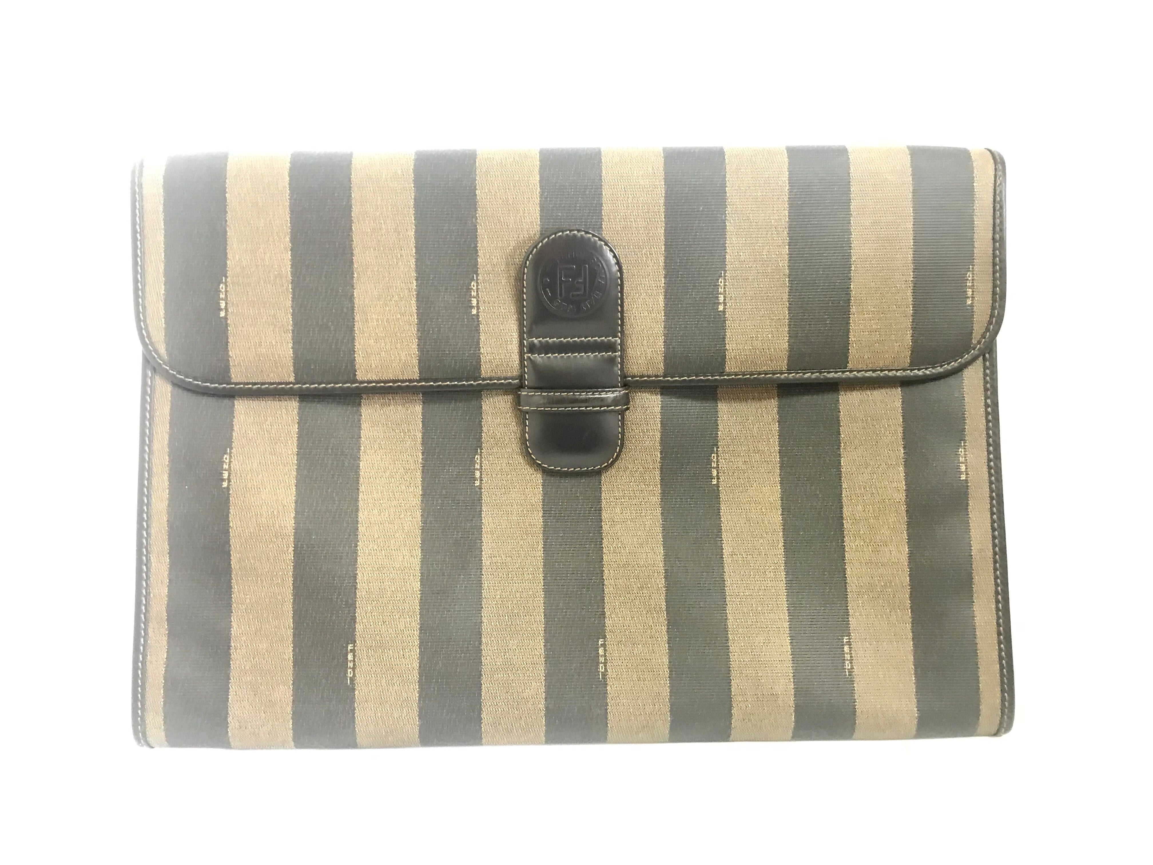 Vintage Fendi gray pecan stripe portfolio document bag, large clutch bag with black leather trimmings. Classic purse for unisex use.