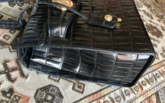 Vintage Gianni Versace black croc embossed leather Kelly style bag with Medallion Sunburst motifs. Gorgeous masterpiece. 050816f1