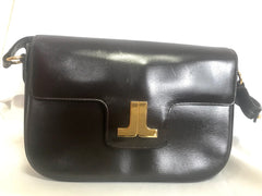 Vintage Lanvin dark brown leather elegant shoulder bag with iconic golden logo motif, Classic purse for daily use. 060620r1