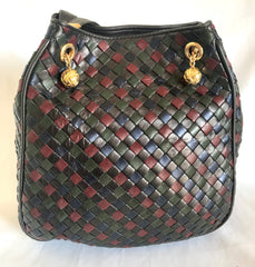 Vintage Bottega Veneta multicolor intrecciato woven lamb leather hobo shoulder bag. Brown, navy, khaki, and wine. Beautiful classic purse.