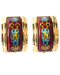 Vintage Hermes cloisonne golden earrings with red and yellow chain, medal charm, H logo jewelry print design. Great gift idea.