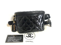 1990s Vintage CHANEL Black Patent Enamel Leather Fanny Pack / Hip Bag / Party Clutch — Belt Size 28–30" — 050320r17