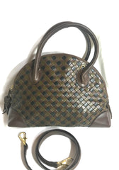 W4. Vintage Bottega Veneta brown, khaki, and black leather intrecciato bolide style handbag with tassel charms. Rare color purse. 050320r2