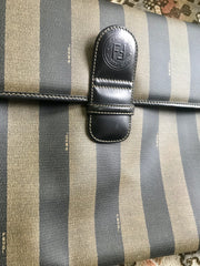 Vintage Fendi gray pecan stripe portfolio document bag, large clutch bag with black leather trimmings. Classic purse for unisex use.