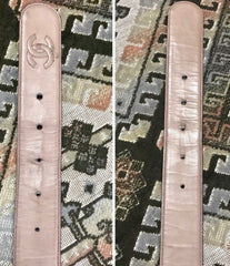 Vintage CHANEL taupe, cocoa brown color thick leather belt with gold tone chain buckle and CC stitch marks. Size for 24.5" thru 29"(63~74cm)