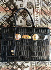 Vintage Gianni Versace black croc embossed leather Kelly style bag with Medallion Sunburst motifs. Gorgeous masterpiece. 050816f1