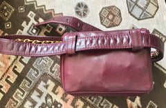 Vintage CHANEL wine fanny pack, leather belt bag with detachable chain belt and CC stitch mark on flap.  Fits 29.5" -32.6" 070502re2