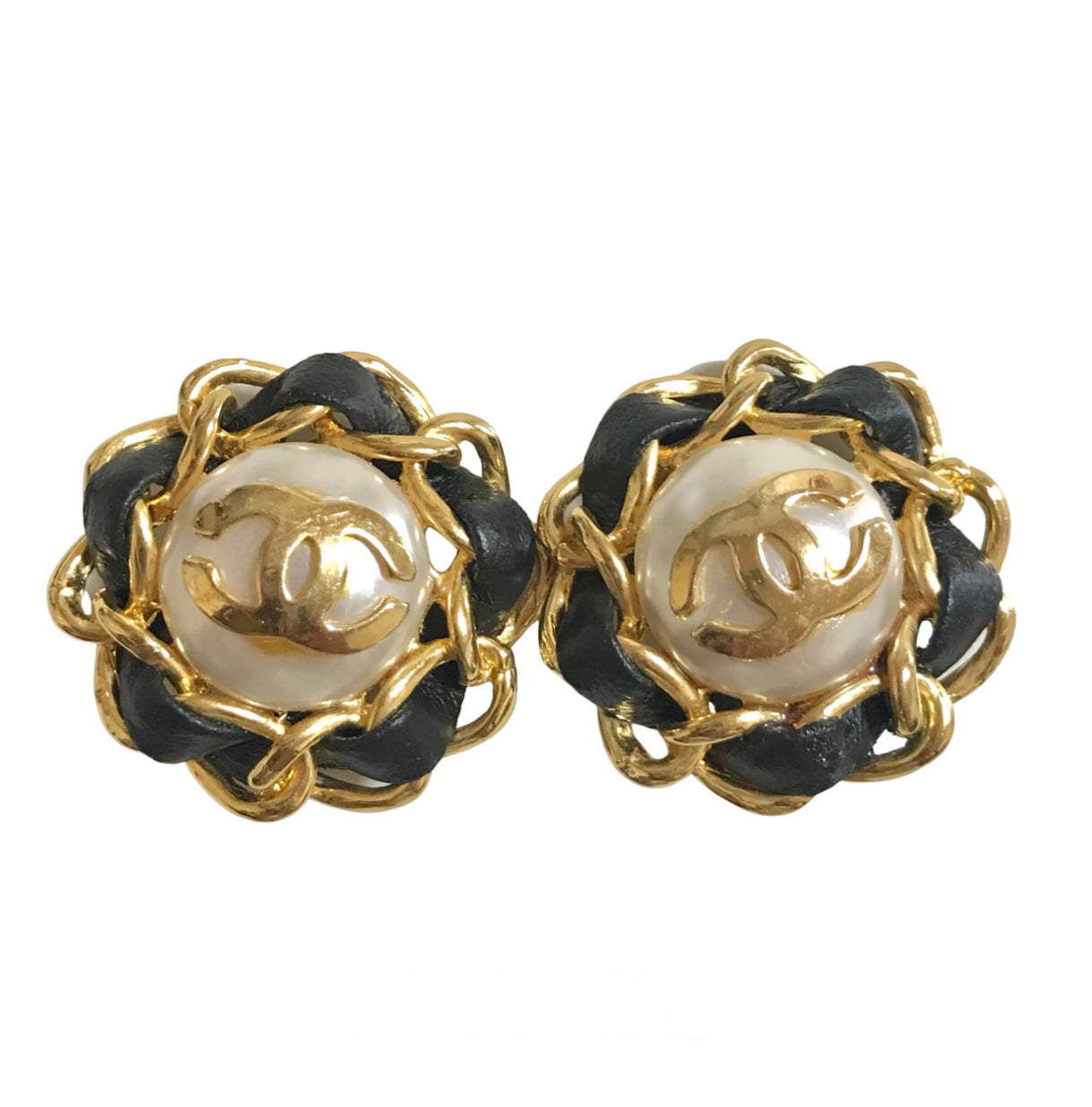 Vintage CHANEL earrings with golden CC, faux pearl, black leather and chain frame. Perfect Chanel jewelry. 050406r6