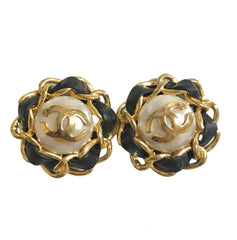 Vintage CHANEL earrings with golden CC, faux pearl, black leather and chain frame. Perfect Chanel jewelry. 050406r6