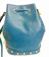 Vintage LANVIN blue grained leather hobo bucket shoulder bag with golden logo motifs. 070502re1