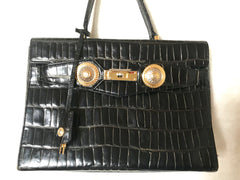 Vintage Gianni Versace black croc embossed leather Kelly style bag with Medallion Sunburst motifs. Gorgeous masterpiece. 050816f1