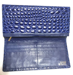 Vintage Gianni Versace croc-embossed leather blue wallet with golden round embossed logo motif. Unisex great gift.
