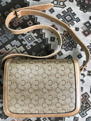 Vintage Celine beige macadam and blason pattern classic shoulder bag with golden logo motifs. Diffusion line. 050316r3