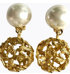 Vintage Salvatore Ferragamo white faux pearl dangle earrings with golden shoe design featured charm. Gorgesous jewelry.
