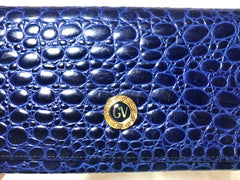 Vintage Gianni Versace croc-embossed leather blue wallet with golden round embossed logo motif. Unisex great gift.
