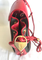 Vintage Yves Saint Laurent  red and grey hobo bucket shoulder bag with leather trimmings and golden logo plate. YSL classic purse. 050323re6