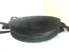 Vintage Nina Ricci black suede and green satin mix round shoulder bag with fringes and enamel star motif. Suzy Wong design. Collectible bag. 060616r3