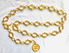 Vintage CHANEL nice and heavy thick golden chain belt with large CC motif charm. Double chain design at front. Gorgeous belt. 07610re4