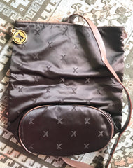 Vintage Paloma Picasso brown satin logo jacquard hobo shoulder bag with leather trimmings and golden logo charm. Classic bag for daily use.