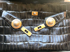 Vintage Gianni Versace black croc embossed leather Kelly style bag with Medallion Sunburst motifs. Gorgeous masterpiece. 050816f1
