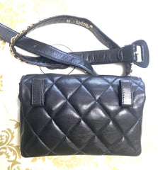 1980s. Vintage CHANEL black lamb leather belt bag, waist bag, fanny pack with golden chain belt & CC closure.  Belt size good for 23.8" through 26.2" (60.5-66.5cm)