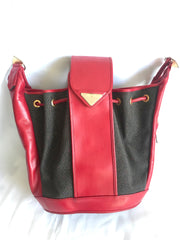 Vintage Yves Saint Laurent  red and grey hobo bucket shoulder bag with leather trimmings and golden logo plate. YSL classic purse. 050323re6