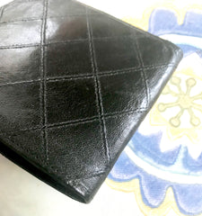 80's vintage CHANEL black calfskin square stitched wallet, bill, card case. Unisex purse.