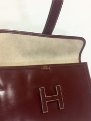 80's vintage HERMES jige, document case, dark wine, bordeaux boxcalf portfolio purse, iPad case. Classic and sophisticated style.
