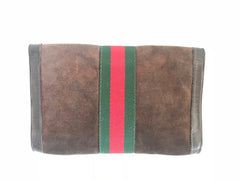 80's Vintage Gucci brown suede leather classic makeup, cosmetic, toiletry pouch, clutch purse  with green and red webbing. Gucci Parfums.
