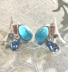Vintage Christian Lacroix silver and blue earrings. Blue and pink crystal stones. Rare statement jewelry. Great gift.  0506302