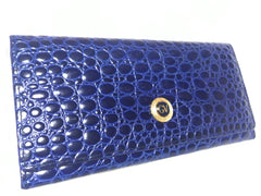 Vintage Gianni Versace croc-embossed leather blue wallet with golden round embossed logo motif. Unisex great gift.
