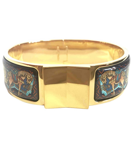 Vintage Hermes cloisonne enamel golden click and clack Flacon bangle with multicolor ethnic and horse design. Great gift idea.