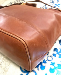 1990s. Vintage Bottega Veneta brown leather shoulder tote bag with logo embroidery. Claissic daily use bag.