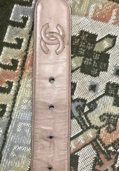 Vintage CHANEL taupe, cocoa brown color thick leather belt with gold tone chain buckle and CC stitch marks. Size for 24.5" thru 29"(63~74cm)