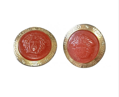 Vintage Gianni Versace orange candy earrings with gold tone frames and Medusa face. Rare jewelry piece. 0407283
