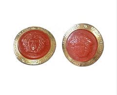 Vintage Gianni Versace orange candy earrings with gold tone frames and Medusa face. Rare jewelry piece. 0407283